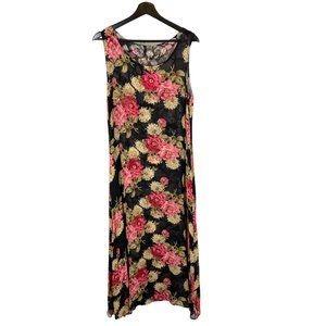 Vintage 90s Black Floral Sleeveless Full Length Dress Large